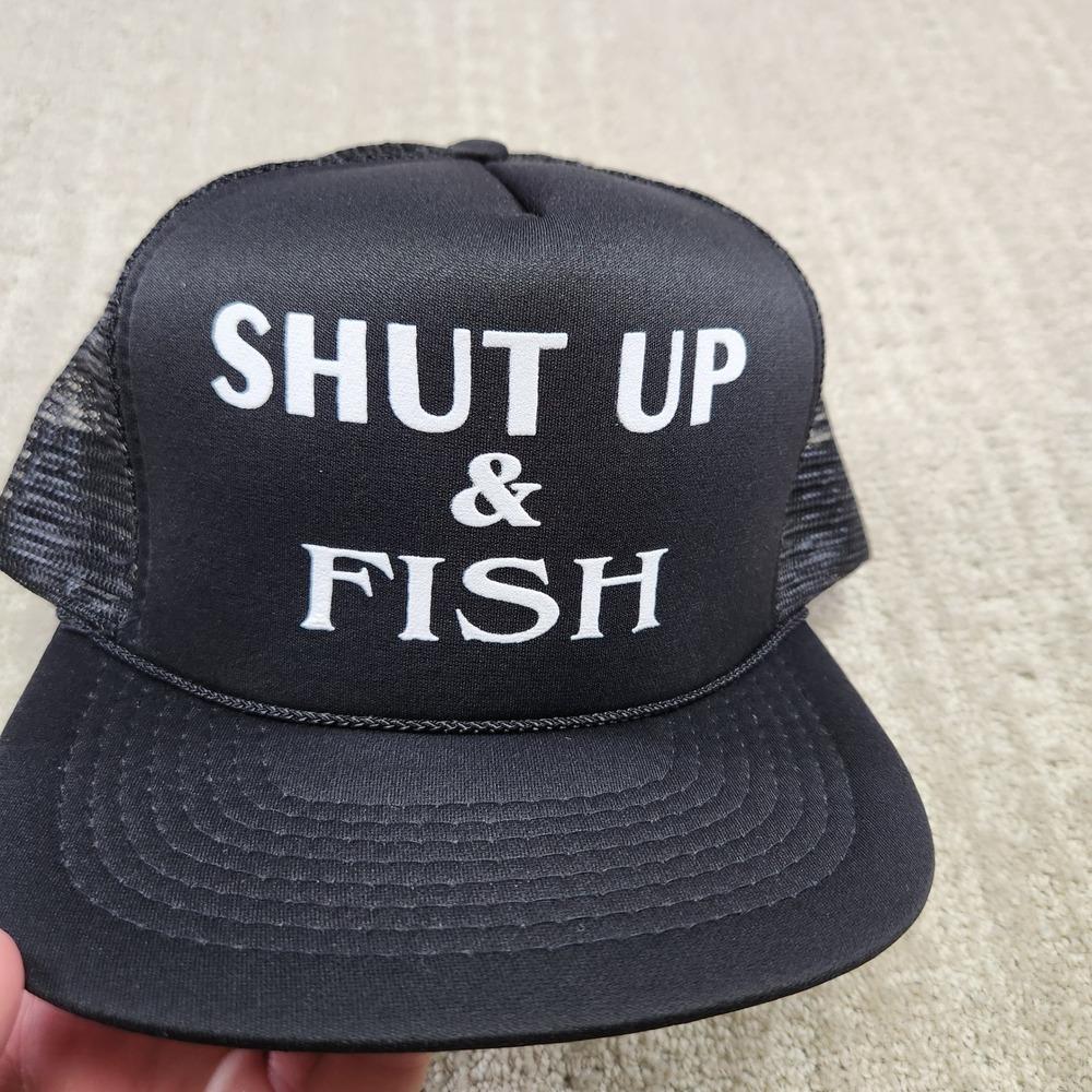 Vintage Shut Up & Fish Trucker Hat Black Mesh Snapback Fishing Cap Mens OSFM